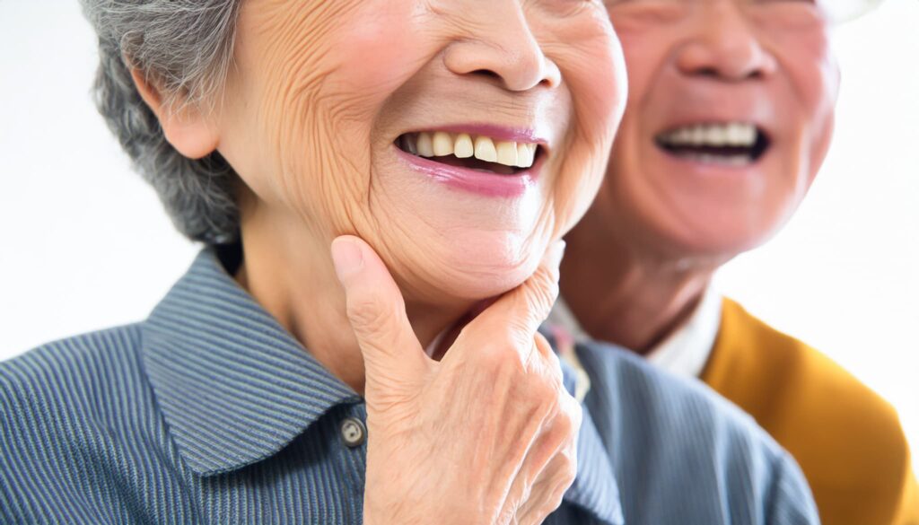 入れ歯を調整し笑顔を見せる高齢女性の口元