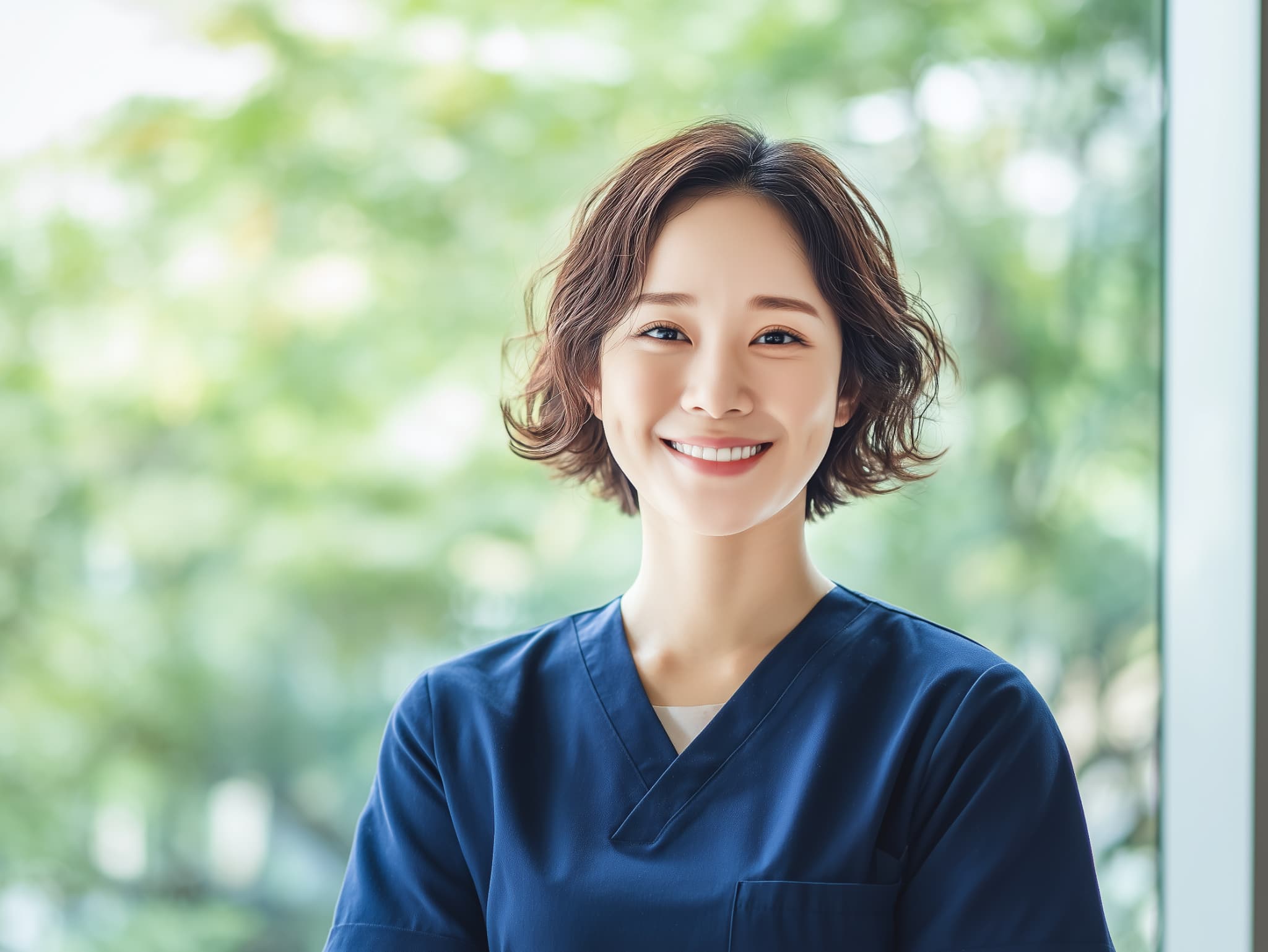 優しい笑顔でほほ笑む歯科衛生士の女性